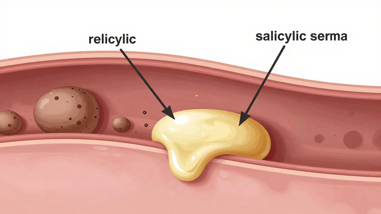Příčný řez pory s hromaděním tuku a mrtvých buněk, znázorňující účinek kyseliny salicylové a retinolu
