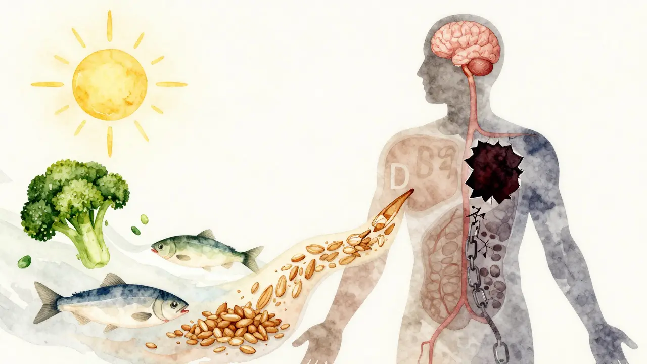 Průhledný lidský tělo s chybějícími vitamíny, které doplňují přírodní potraviny jako světlo a zelenina.