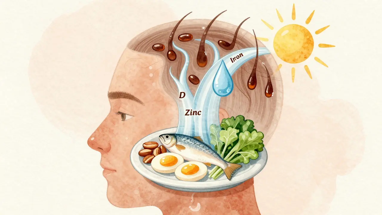 Průřez hlavy ukazující vlasové folikuly živě napájené živinami z jídla a slunce.