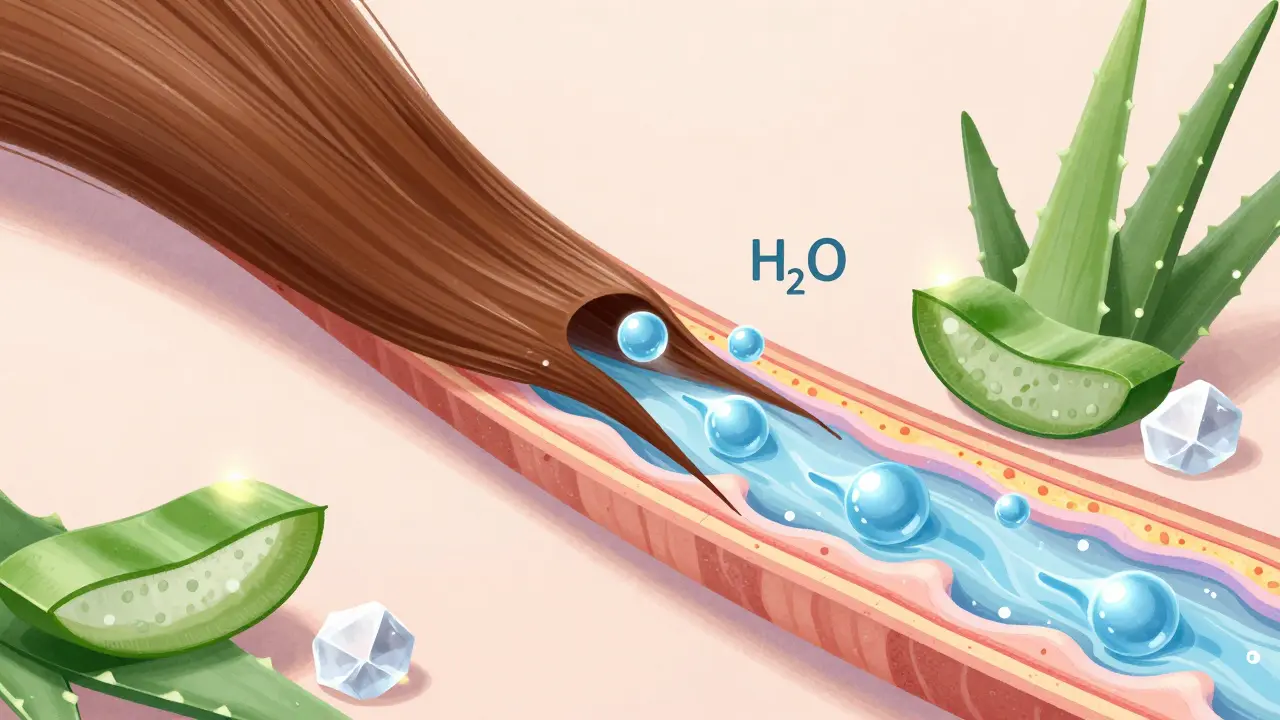 Průřez vlasem s otevřenými šupinkami, voda vstřebává hydratační látky, aloe vera a panthenol.