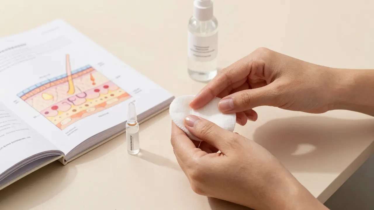 Ruce aplikují hydratační masku na obličej s sterilními pomůckami na stole.