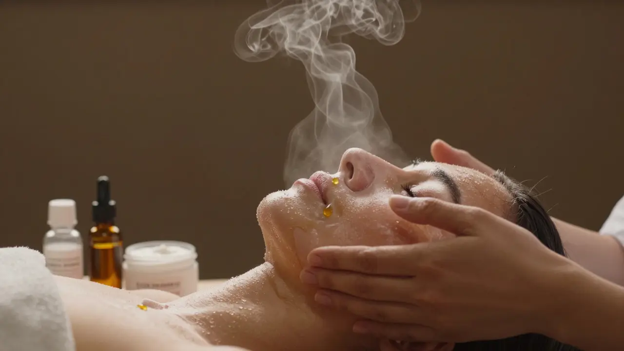 Ruka aplikuje parovou masku na nos, pára stoupá s kapkou éterického oleje.