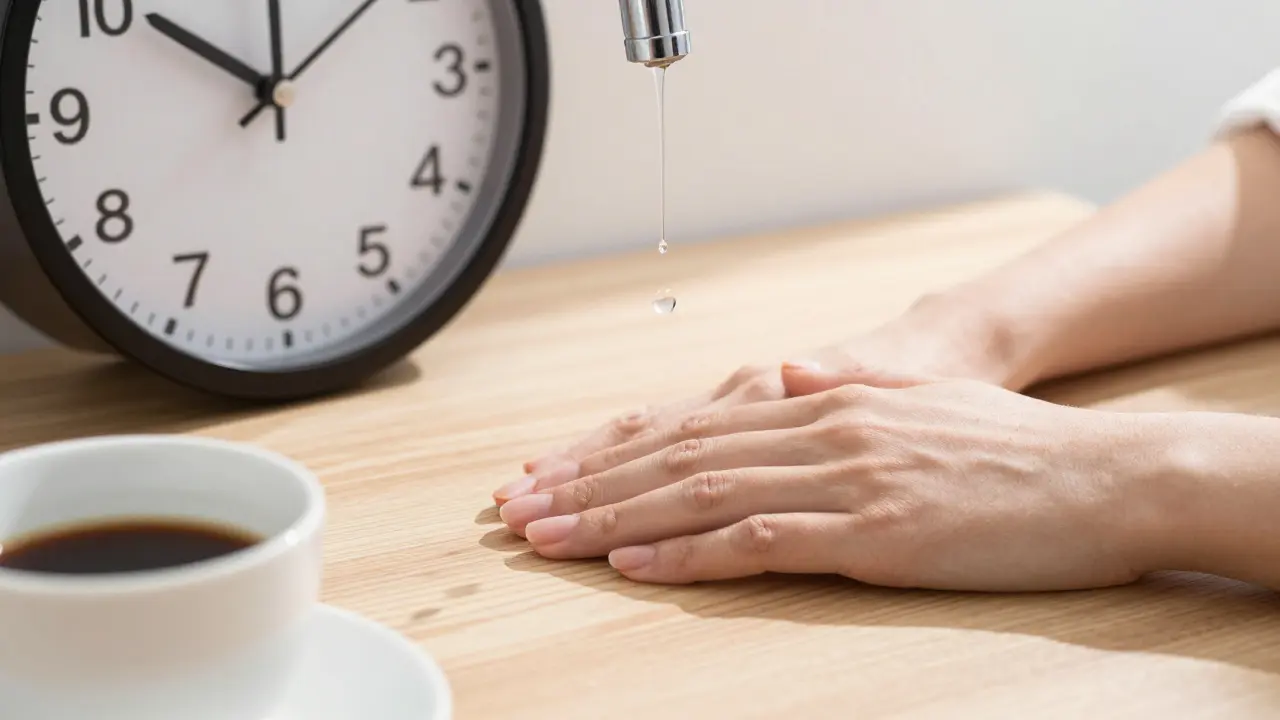 Ruka klidně odpočívá na stole, symbolizující čekání 20 minut po manikúře.