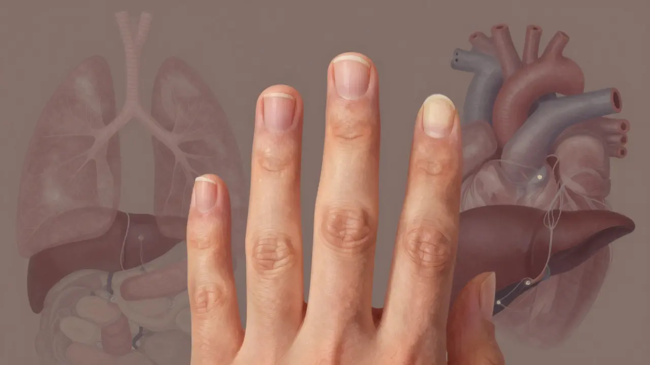 Ruka s zakřivenými nehty (kladivo) a lžícevými nehty, s symbolickým zobrazením vnitřních orgánů.