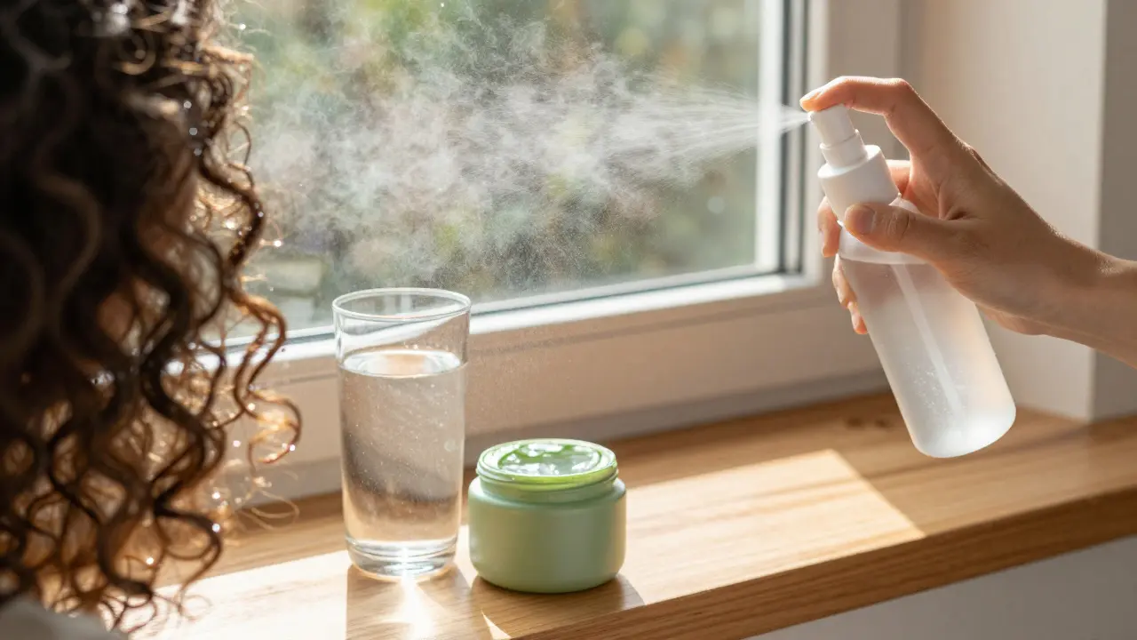 Ruka stříká aloe vera sprej na kudrnaté vlasy, sklenice vody a maska na okně v slunečním světle.