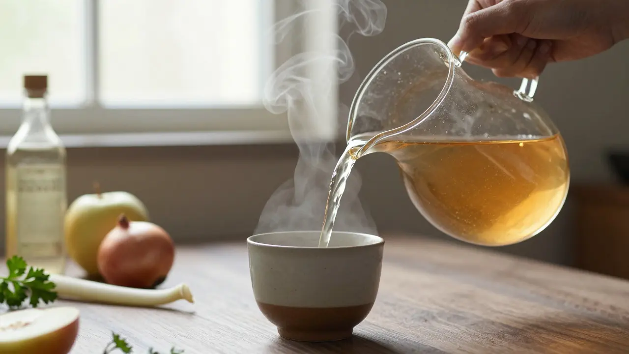 Rukou nalévající vývar do šálku, pára tvarující se do kloubu a kolagenu, přírodní světlo.