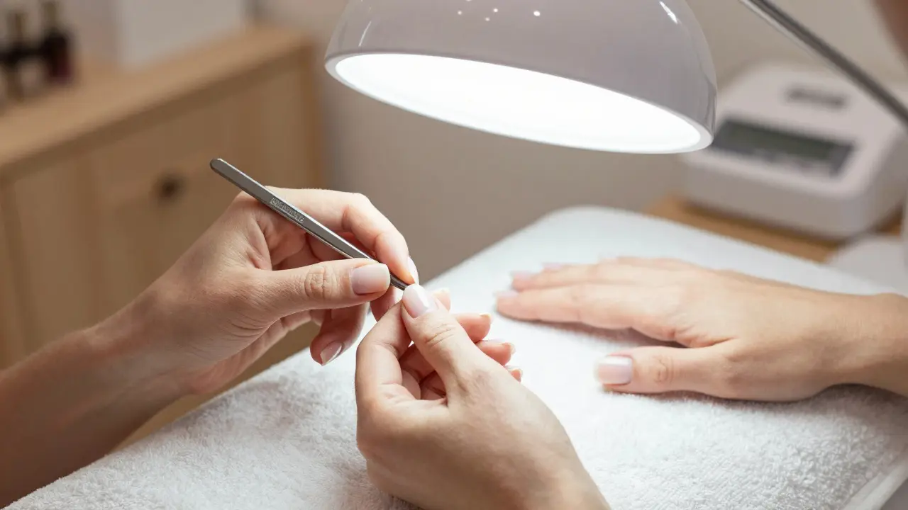 Technička v salónu v Brně aplikuje hybridní nehty s akrylovým základem a gelovým vrchem.