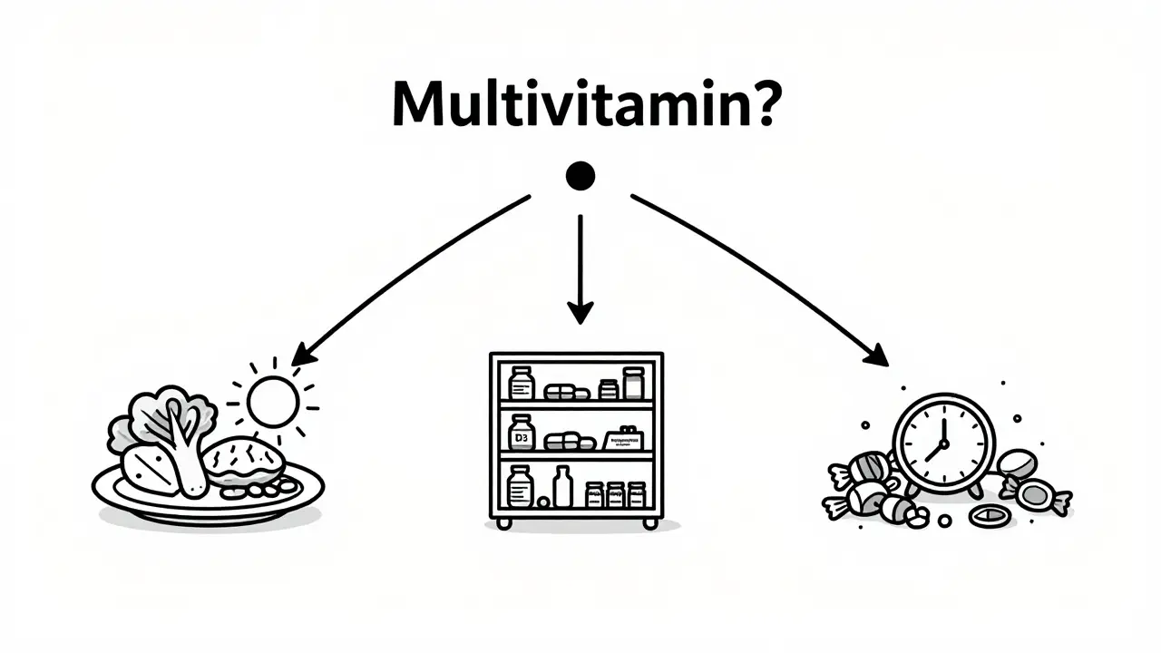 Tři cesty od multivitaminu: k zdravé stravě, k doplňkům nebo ke špatným návykům — minimalistický kreslený styl.