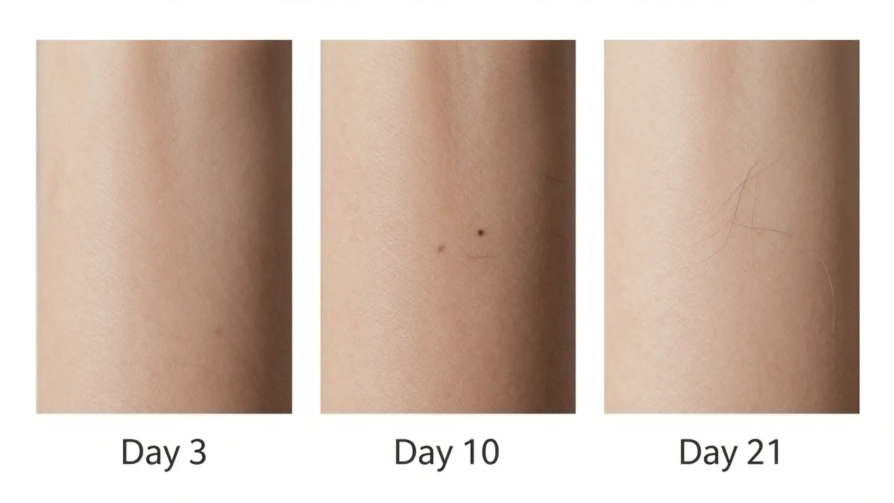 Tři fáze vypadávání vlasů po laseru: den 3, den 10 a den 21.