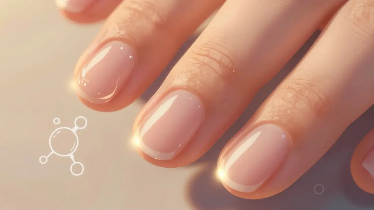 Tři stádia vysušování laku na nehtech: mokrý, částečně vysušený a ztvrdlý.