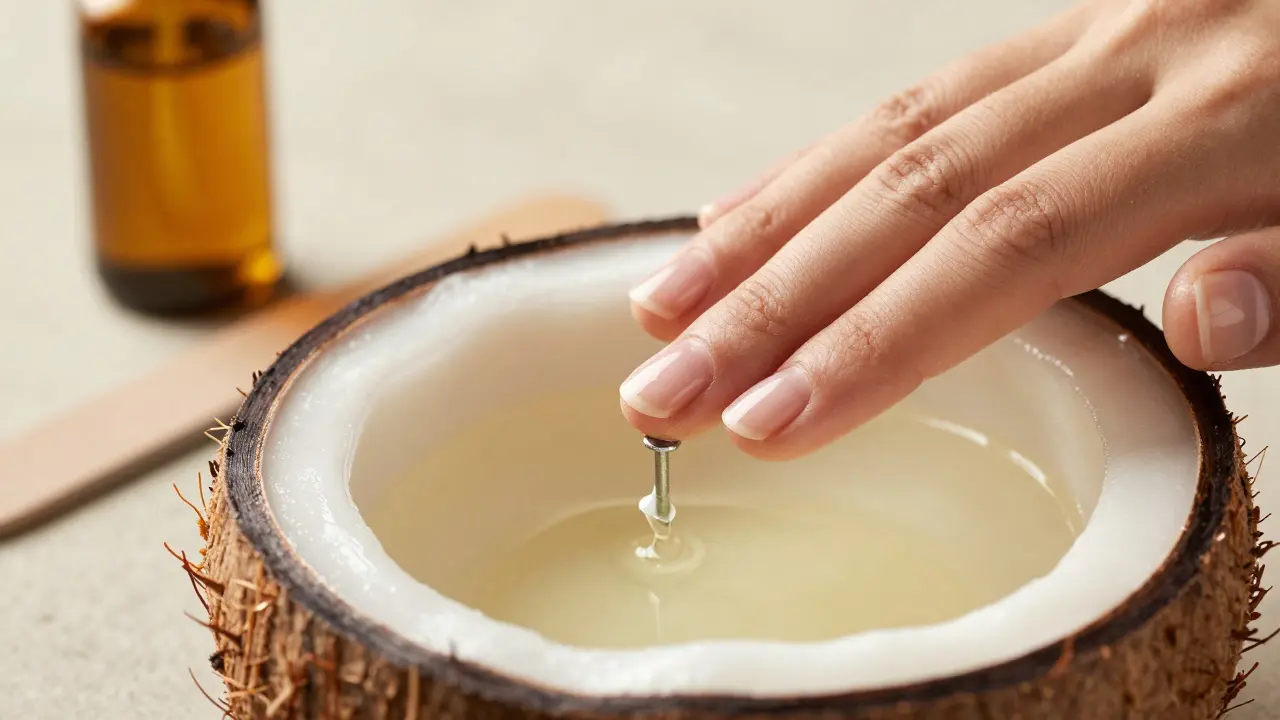 Vatový disk s kokosovým olejem odstraňuje lak z nehtu.