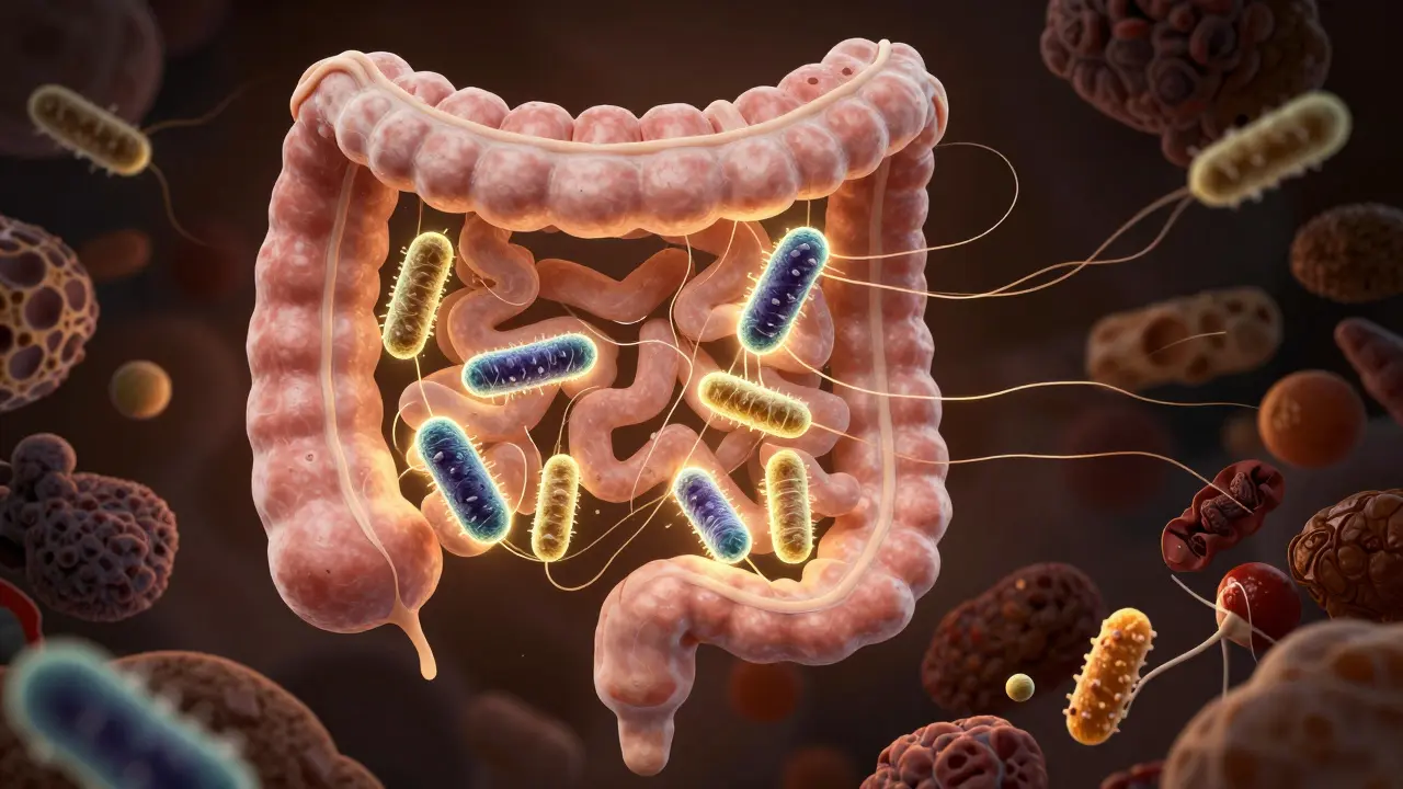 Vnitřní trávicí trakt s živoucími bakteriemi, které přijímají prebiotické vlákniny, září teplým světlem.