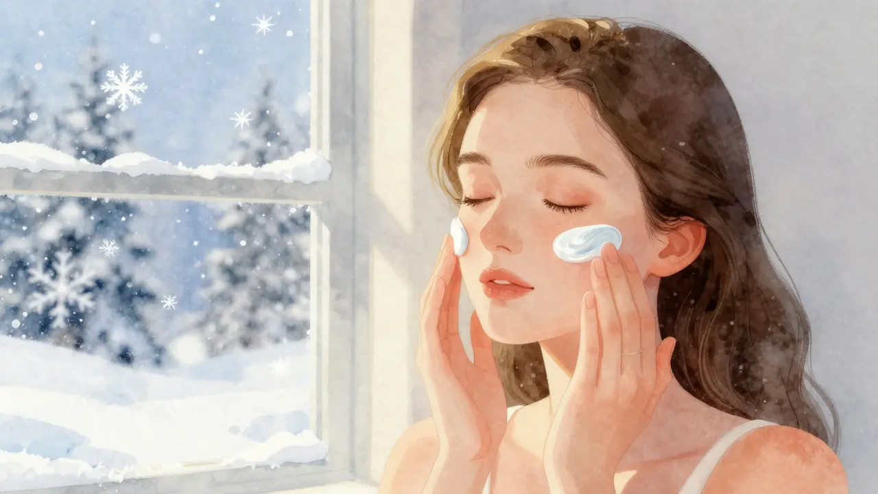 Žena aplikuje ceramidový krem v zimě, sněhové vločky za oknem