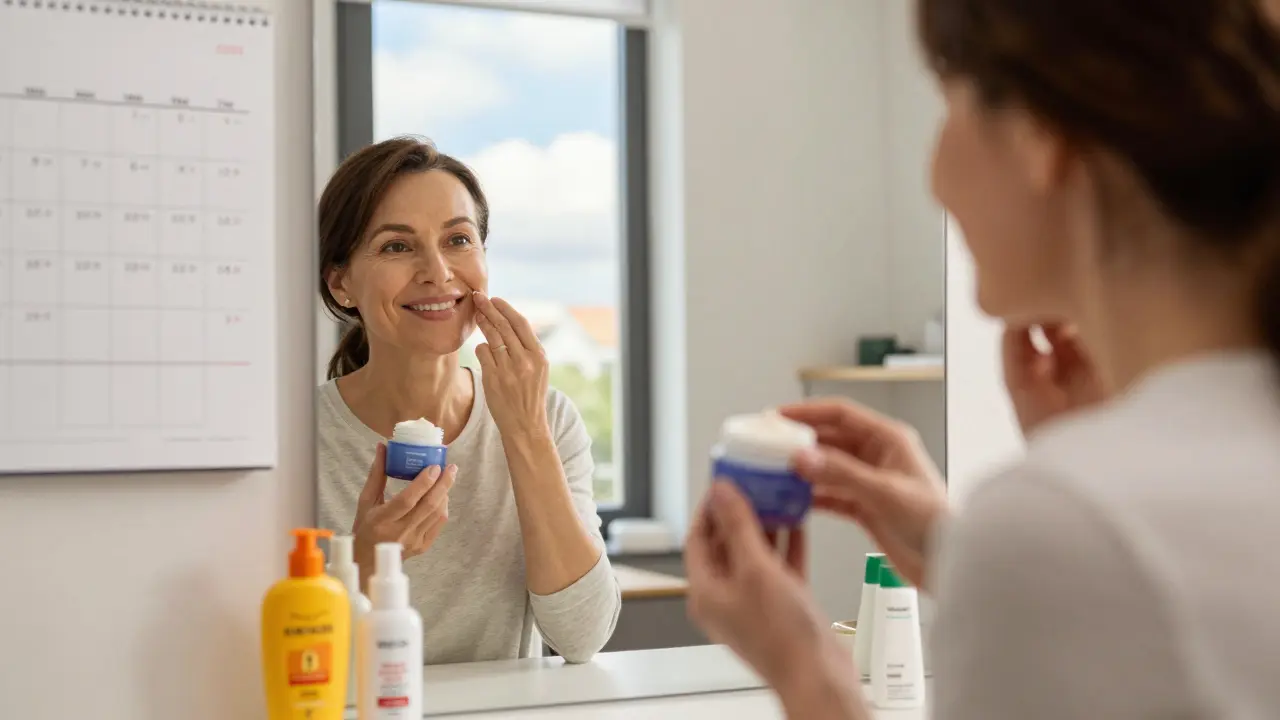 Žena se dívá do zrcadla s retinolem, na stěně kalendář s označenými dny používání.