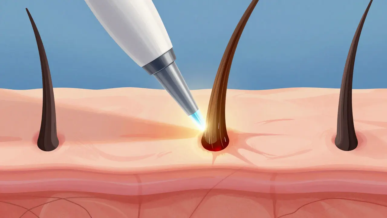 Zvětšený vlasový folikul během procesu odumírání po laserovém zásahu.