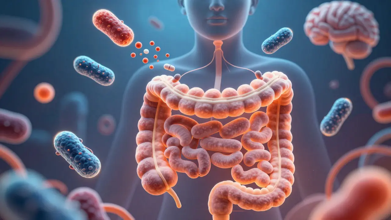 Abstraktní znázornění střevní mikroflóry bojující proti antibiotikům s prospěšnými bakteriemi.