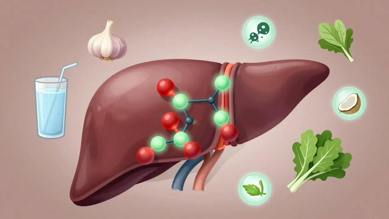 Anatomický obrázek játra s antioxidanty neutralizujícími toxické látky.
