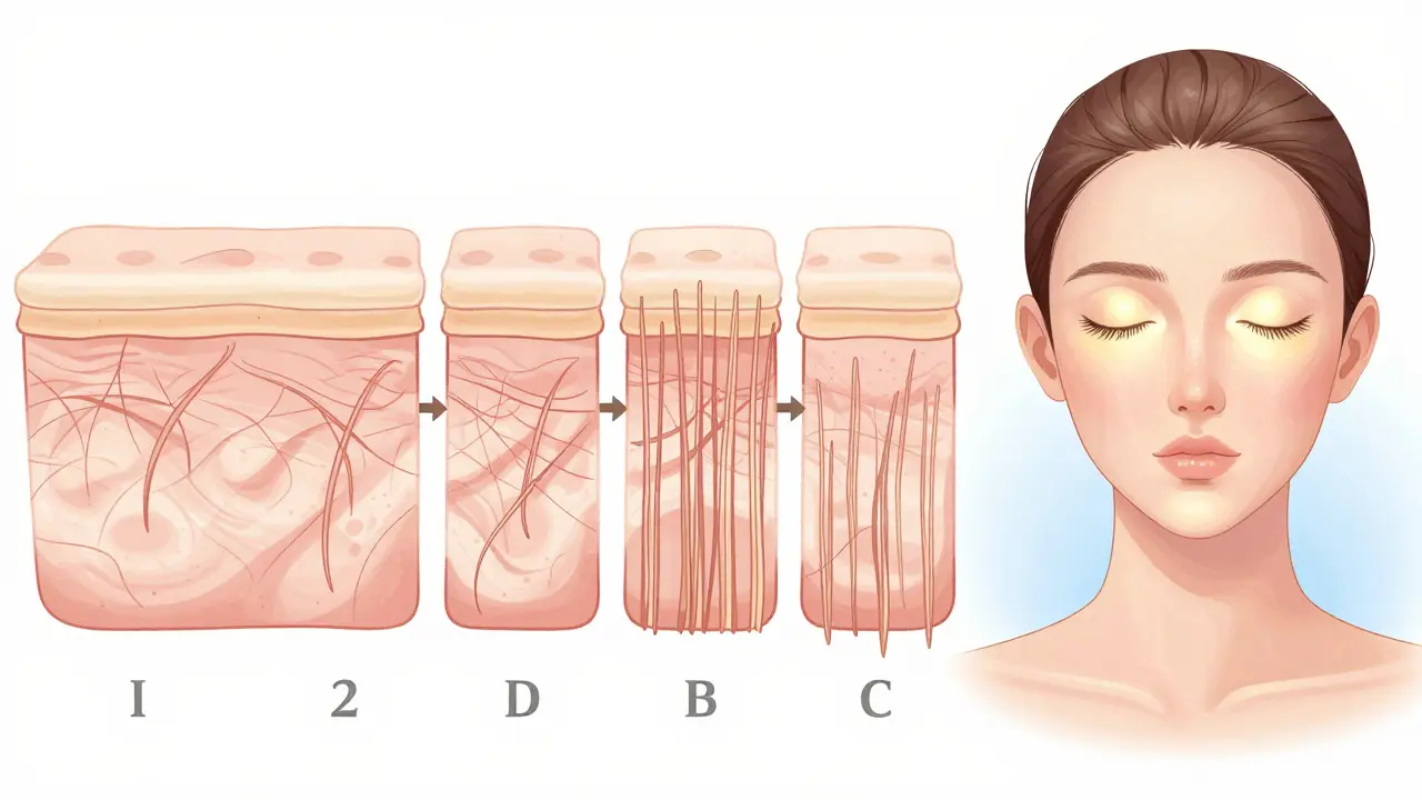 Časová osa změny pokožky od suché a vráskavé k zdravé a elastické.