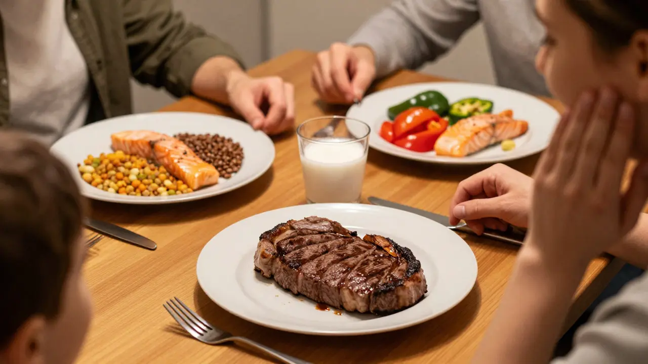 Česká rodina k večeři: na jedné straně maso, na druhé ryby, luštěniny a mořský kolagen — symbol změny stravy.