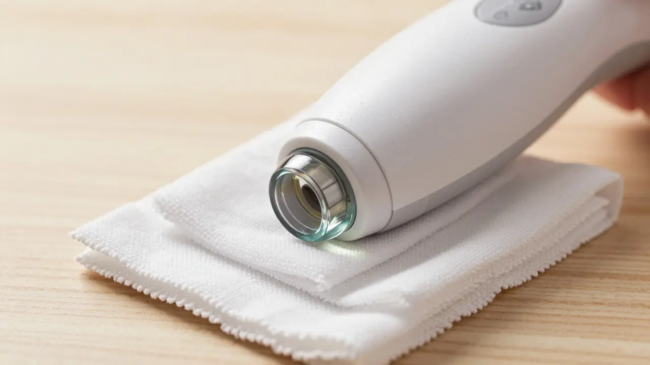 Čistění optické čočky IPL přístroje mikrovláknem pro delší životnost.