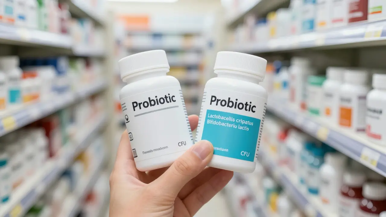 Dvě probiotická doplňky — jedno s nejasným označením, druhé s přesnými kmeny a CFU.
