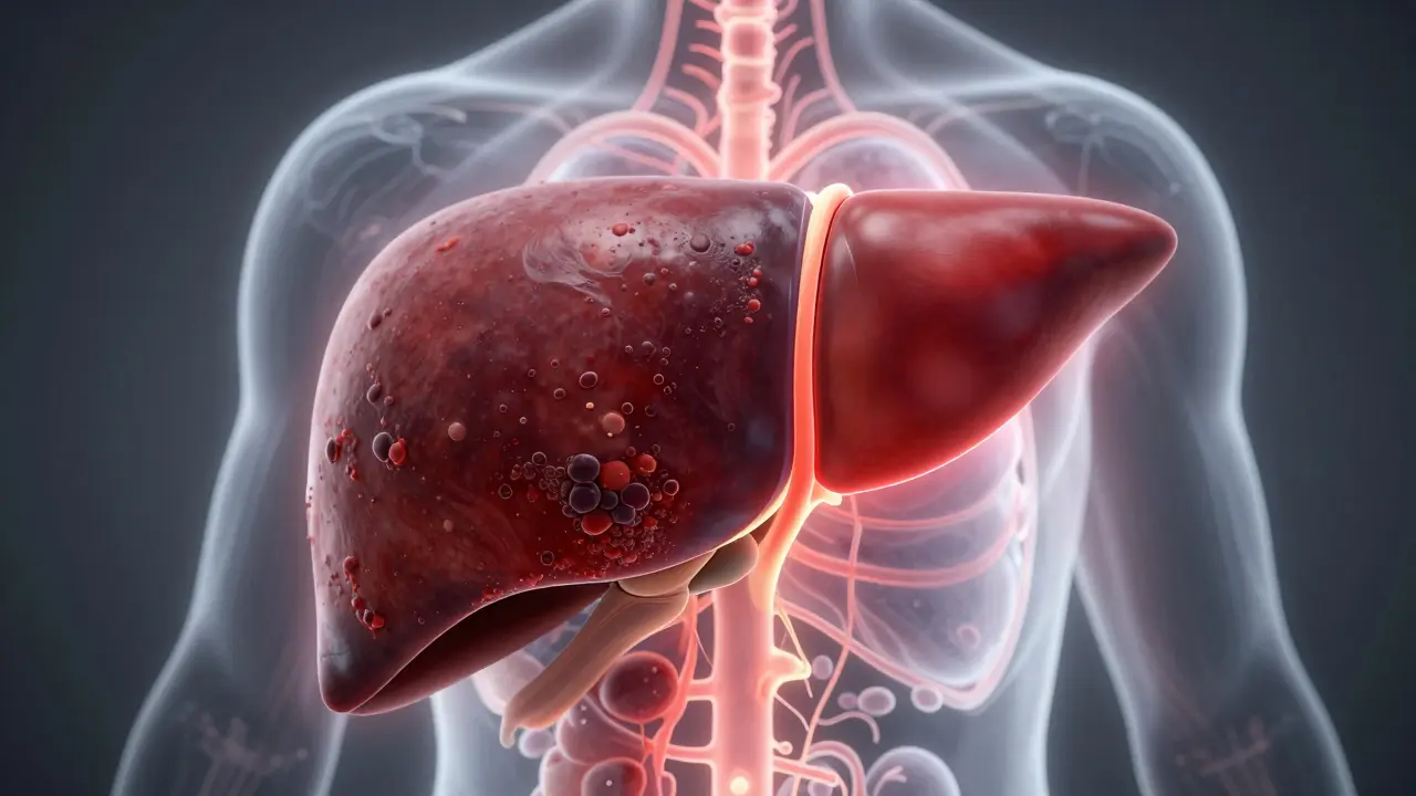 Dvě verze játry: jedna zatížená tukem, druhá zdravá a zářící, symbolizující detoxikaci.