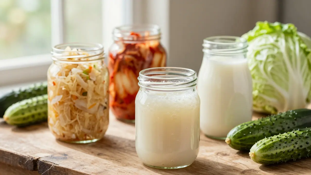 Fermentované potraviny jako zdroj probiotik na dřevěném pultu