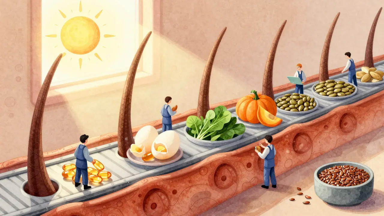 Ilustrace vlasového folikulu jako továrny, kterou napáají živiny z potravin.