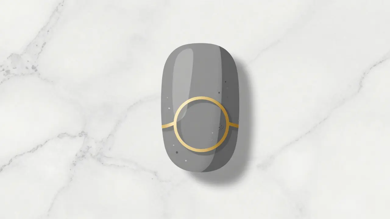 Jeden neht s dvojitým kroužkem a jemnými detaily uvnitř na matně šedém pozadí.