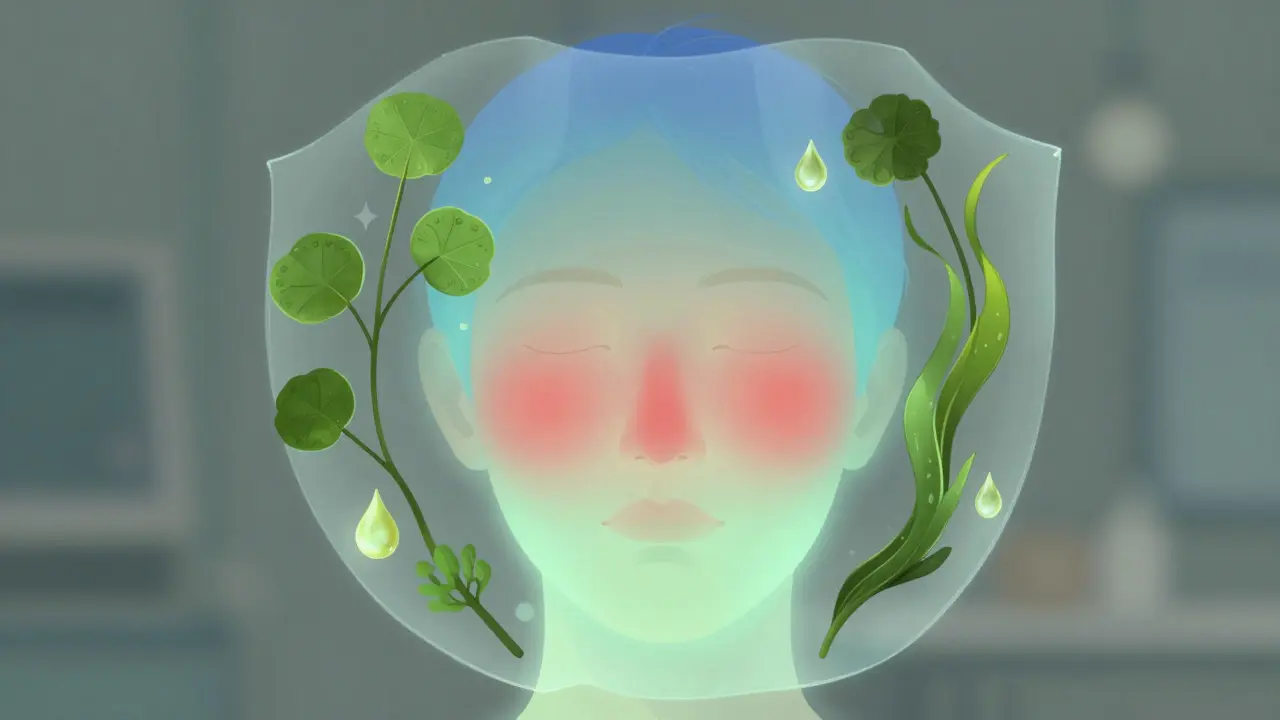 Klíčové látky jako centella a patátna olej klidí zarudlou kůži v abstraktním, klidném stylu.