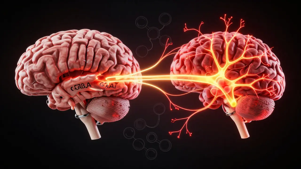 Koncepční obrázek mozku s přetíženými excitujícími nervovými cestami a oslabenými klidovými receptory.