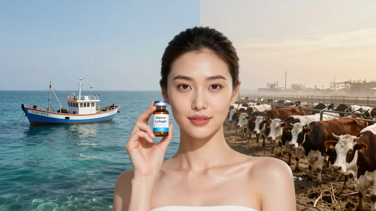 Kontrast mezi čistým mořem a průmyslovou farmou s ženou a láhvičkou mořského kolagenu.