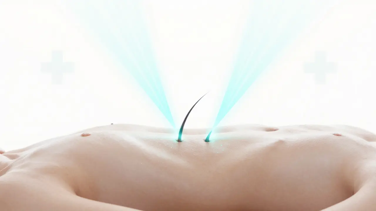 Laserové paprsky ničí vlasové folikuly na průhledném břiše, světelné stopy.