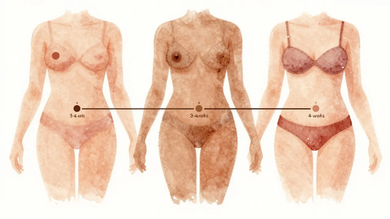 Mapa těla s časovými intervaly pro depilaci různých oblastí v barevném kódování.