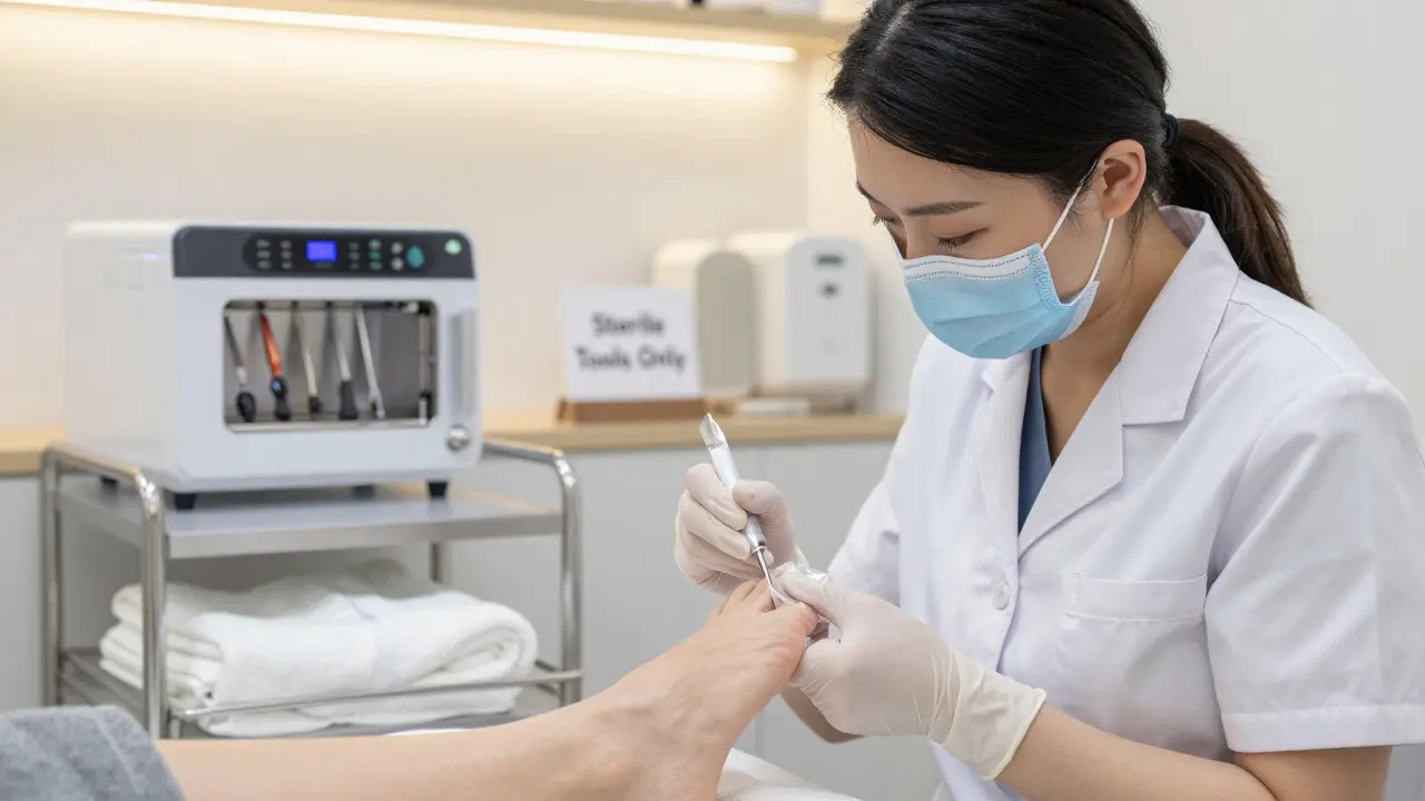 Odborník na pedikúru pracuje na noze s sterilizovanými nástroji v čistém prostředí salónu.