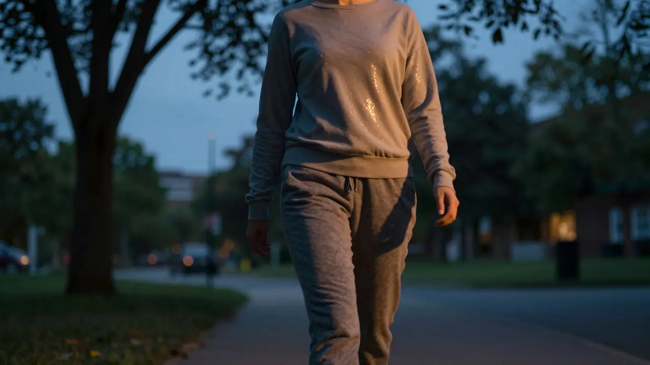 Osoba na krátké procházce ve večerním parku při detoxikaci těla.