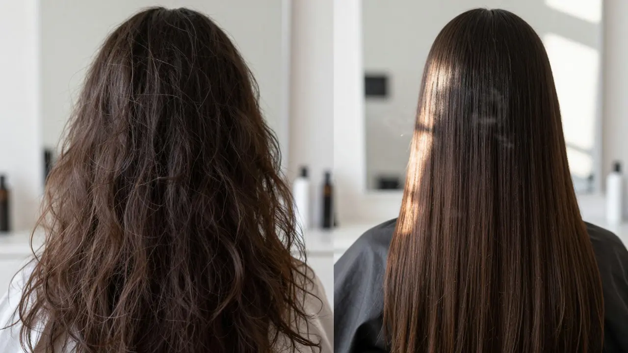 Porovnání vlasů před a po ošetření Botoxem: poškozené na levé straně, hladké a lesklé na pravé.