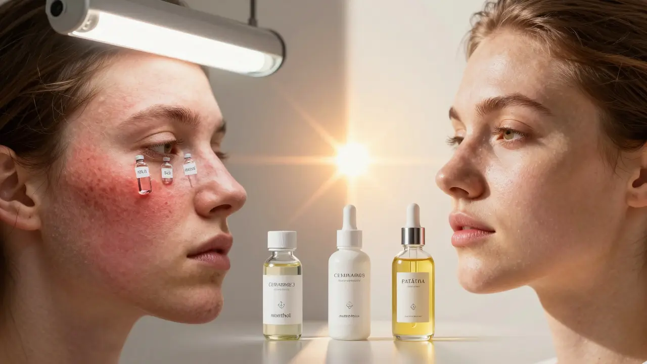 Před a po obnově kůže: zarudnutí vpravo vs. klidná kůží vlevo s ochrannými látkami.