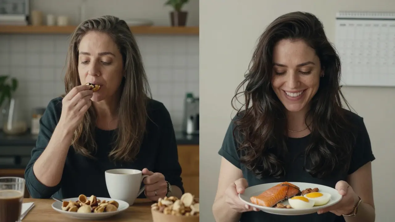 Před a po: žena s tenkými vlasy vs. žena s hustými, lesklými vlasy po zdravé stravě.