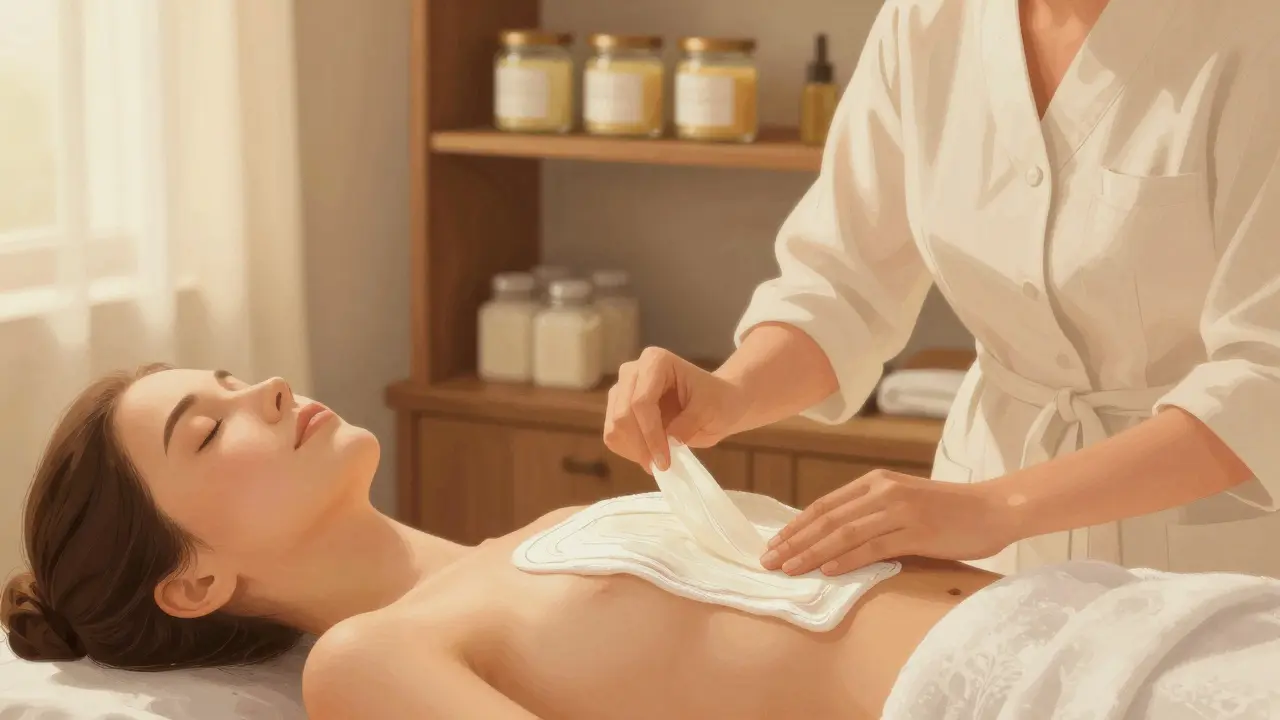 Profesionálka aplikuje vosk na břicho klientky v klidné salónu.