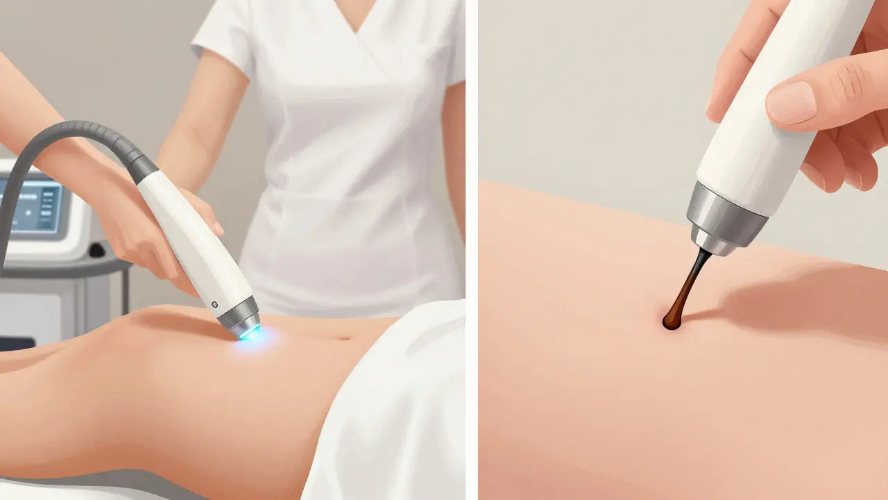 Profesionální laserová depilace a elektrolyza vedle sebe, znázorněné v klinickém stylu.