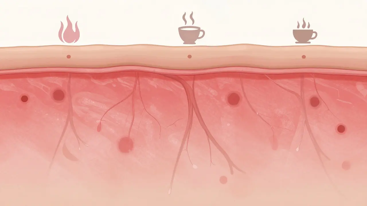 Průřez kůže s rozšířenými kapilárami a znaky zánětu pod červenou pokožkou.