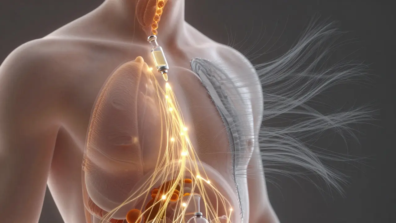 Průřez tělem s viditelnými zlatými kolagenovými vlákny obnovovanými rybím kolagenem.