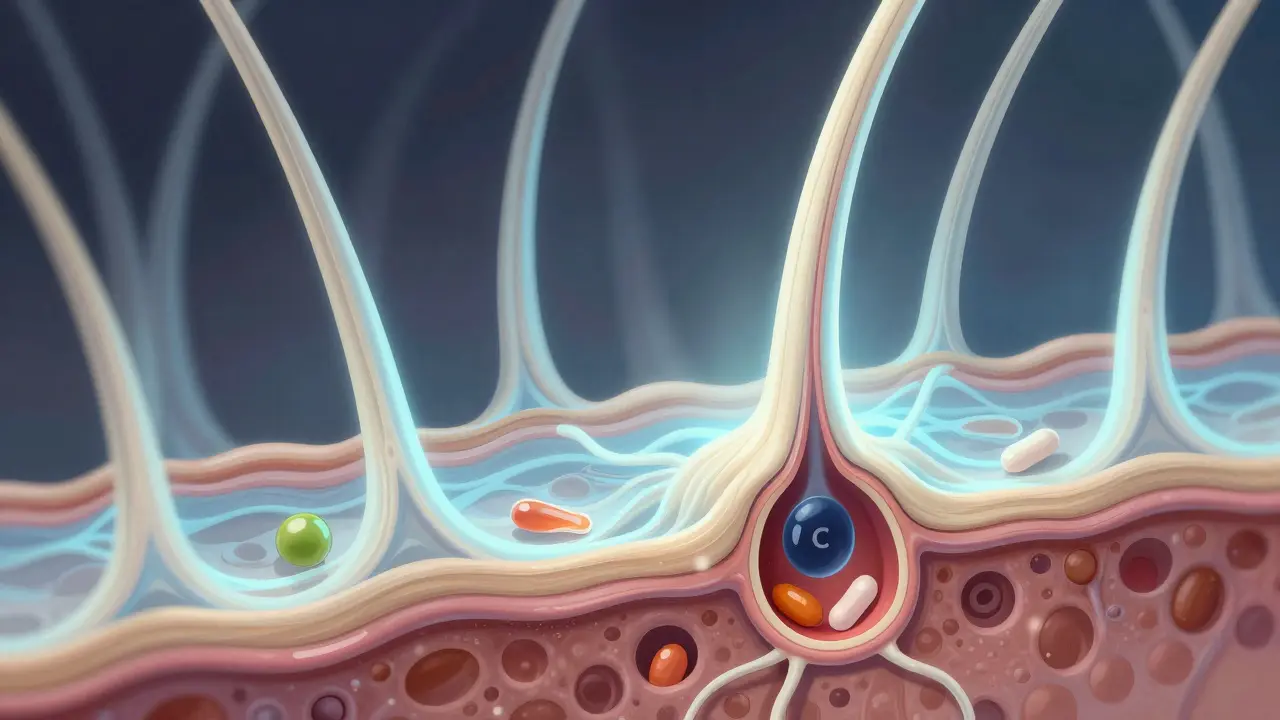 Řez vlasovým folikulem s tkanivem kolagenu typu 1 a 3, které dodávají živiny k kořenu vlasu.