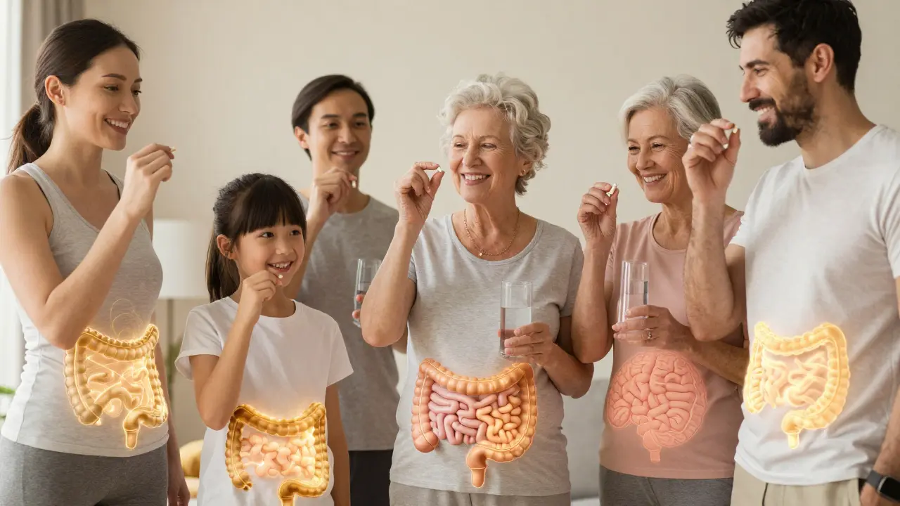 Různé osoby užívají probiotika, symbolické světlo ozářející jejich břicho jako znak zdravé mikroflóry