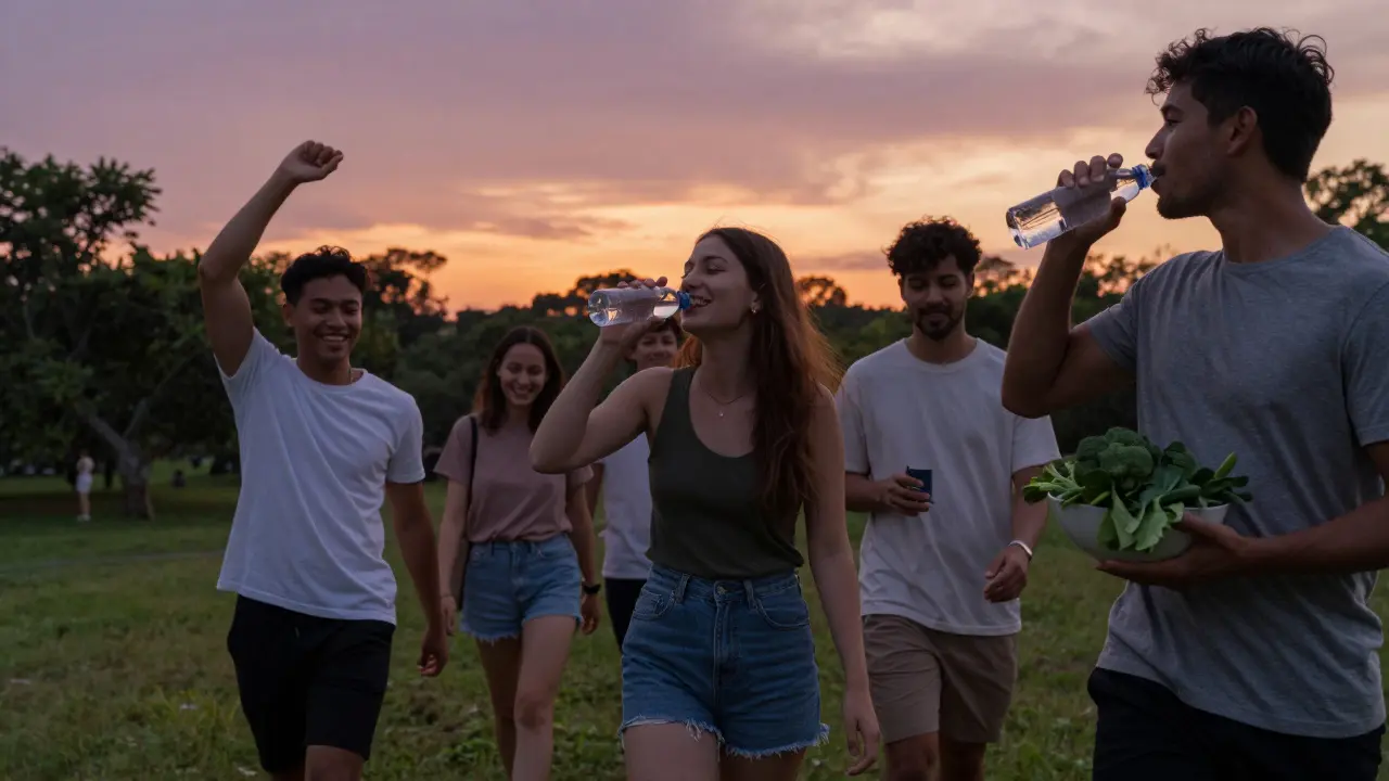 Skupina lidí se prochází v parku večer, bez alkoholu, s čerstvou zeleninou a vodou.