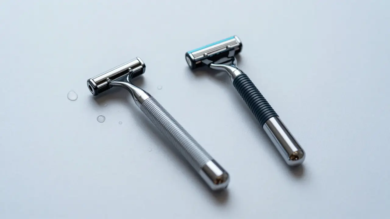 Srovnání bezpečnostního holiče a vícebřitové břitvy.