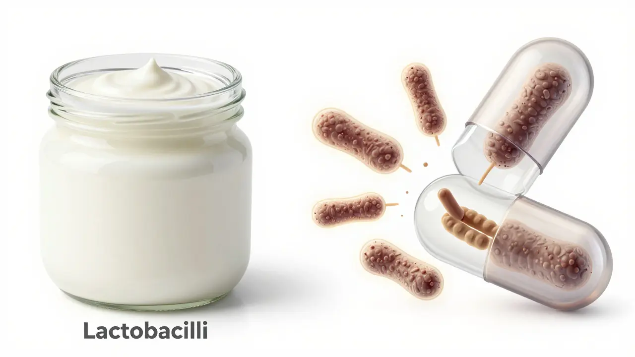 Srovnání jogurtu s laktobacily a probiotické kapličky s více druhy bakterií.