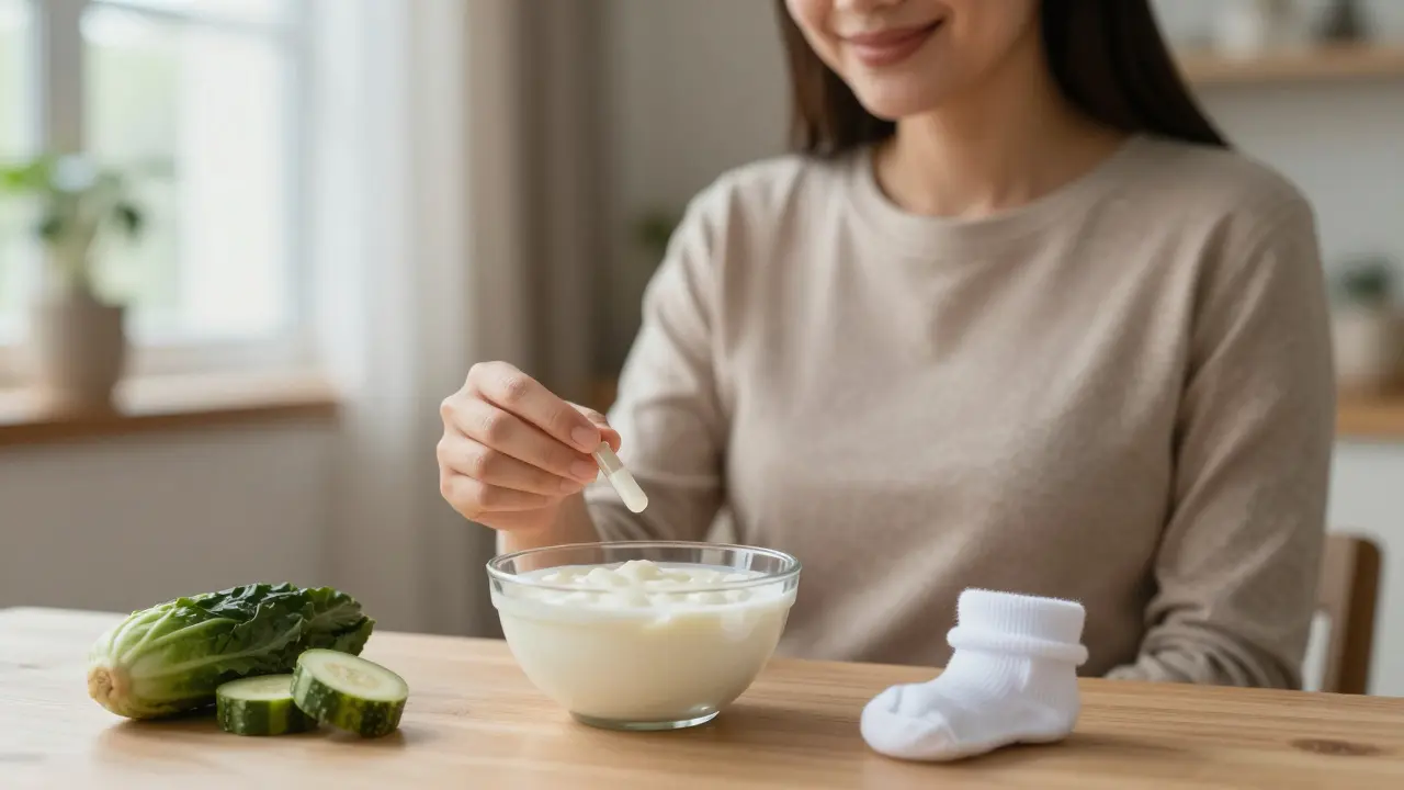 Těhotná žena drží probiotikum, kolem ní fermentované potraviny a dětský ponožka.