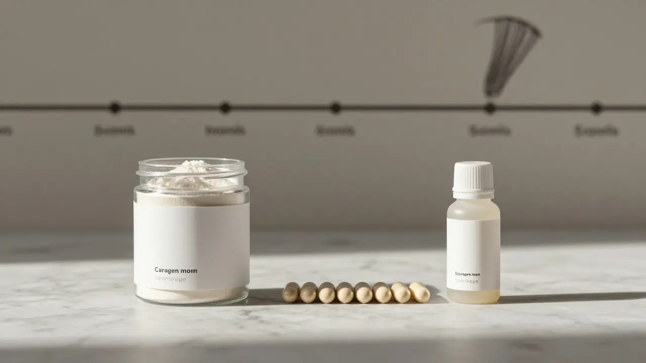 Tři formy kolagenu – prášek, kapsle a tekutina – umístěné vedle sebe na přírodním pozadí.